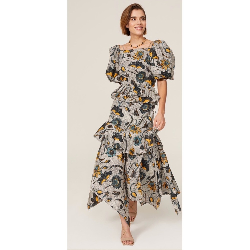 Ulla Johnson Marie Tie Back Dress Floral Puff Sleeve Handkerchief Hem 12